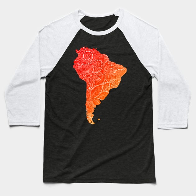 Colorful mandala art map of South America with text in blue and violet Colorful mandala art map of South America with text in red and orange Baseball T-Shirt by Happy Citizen